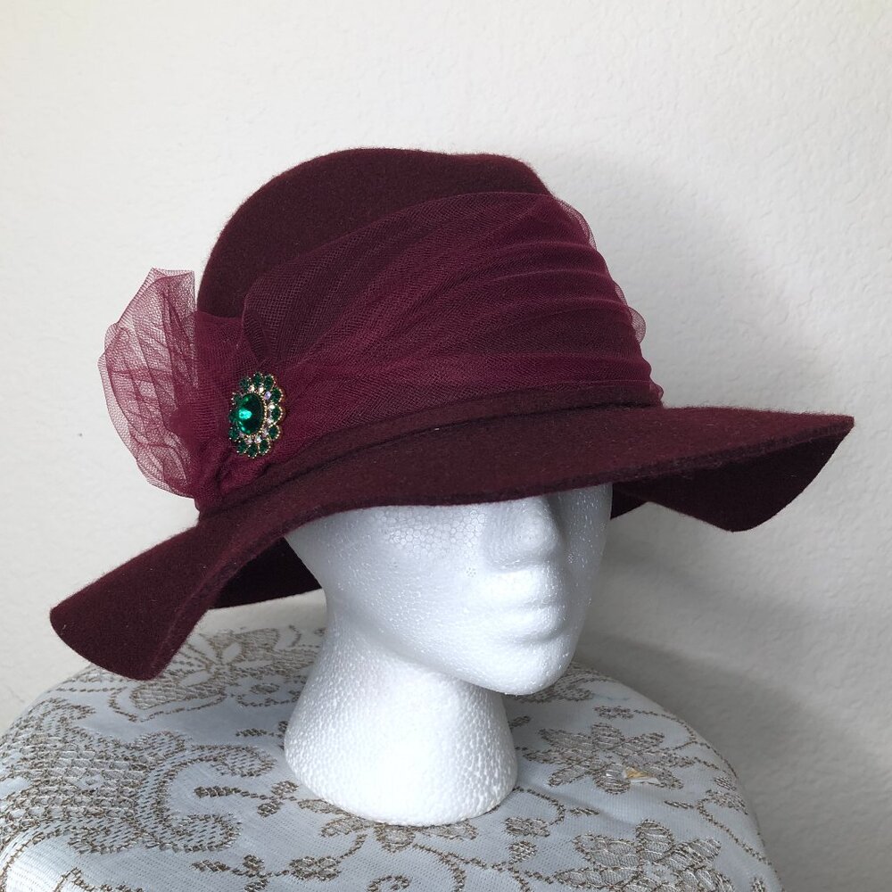 Beautifully embellished Dark Maroon Wool & Hat with Tulle